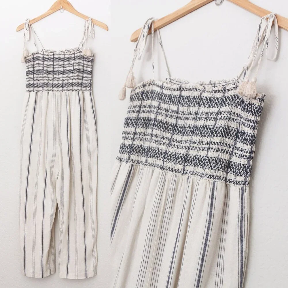 Madewell Striped Smocked Cami Jumpsuit S Cotton Linen Blend Tassel Strap Tie$138